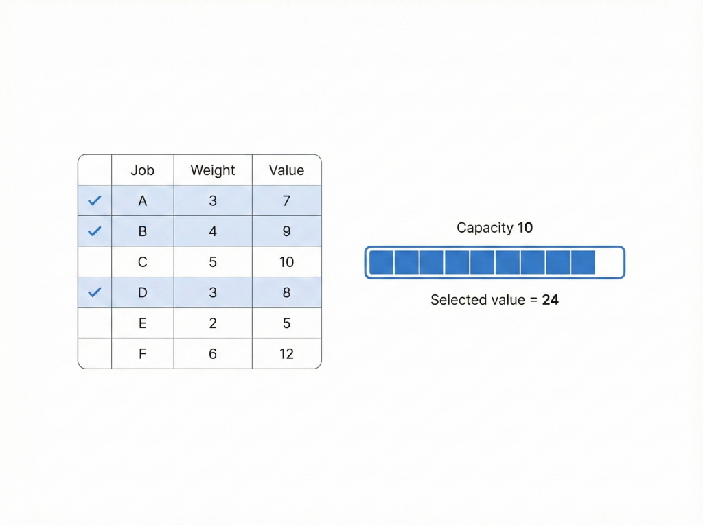 Simple optimization example selecting items under capacity to maximize value (A+B+D = 24)