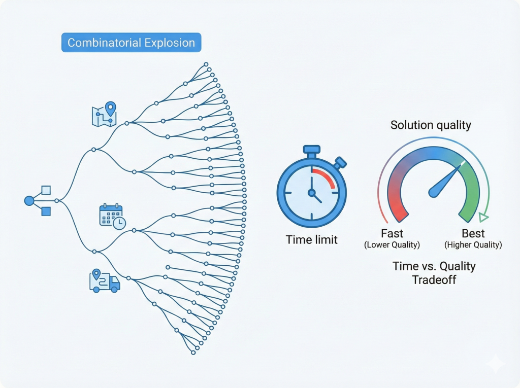 Combinatorial explosion in optimization with time limits affecting solution quality